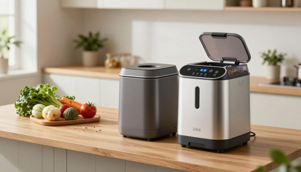 A modern kitchen countertop featuring the best electric kitchen composters available in 2026. In the foreground, prominently display two sleek, high-tech composters with user-friendly controls and innovative designs, showcasing their features like a transparent lid and composting indicator lights. In the middle ground, a stylish wooden countertop adorned with fresh vegetables and organic waste, which emphasizes the composting process. In the background, a well-lit kitchen setting with minimalist decor, plants, and eco-friendly elements, creating a sustainable atmosphere. Use soft, natural lighting to highlight the composters' sleek designs, and a shallow depth of field to draw attention to the composters while softly blurring the background, conveying a clean and eco-conscious mood.