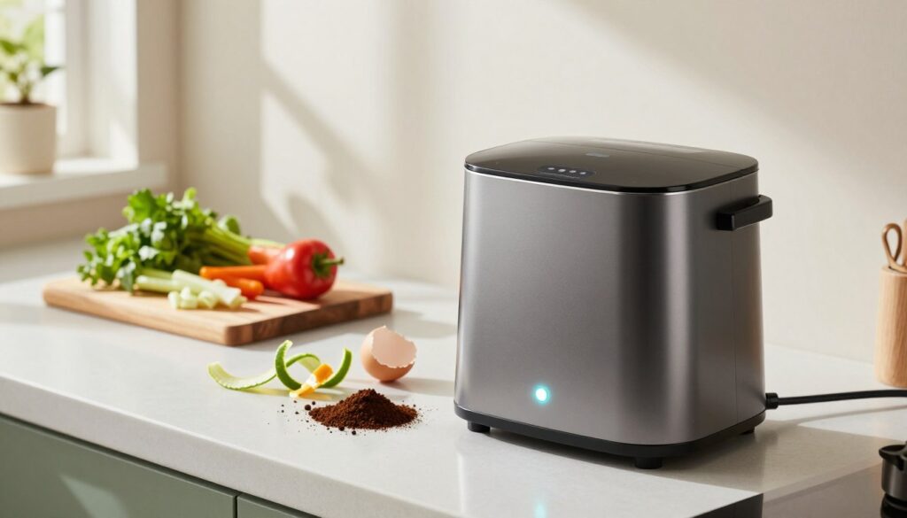 A modern kitchen scene featuring a sleek electric kitchen composter prominently displayed on the countertop, with vibrant food scraps like vegetable peels, coffee grounds, and eggshells nearby, suggesting its use. In the foreground, the composter is equipped with a glowing indicator light that hints at its efficient operation. The middle of the image includes a stylish wooden cutting board with fresh herbs and vegetables, symbolizing eco-friendly cooking practices. The background showcases bright, natural light streaming through a window, casting gentle shadows and enriching the warm, inviting atmosphere of the kitchen. The overall mood conveys a sense of harmony between sustainable living and modern convenience, highlighting the environmental benefits of electric kitchen composters. Use a soft focus lens effect to enhance the tranquil and eco-conscious vibe of the scene.