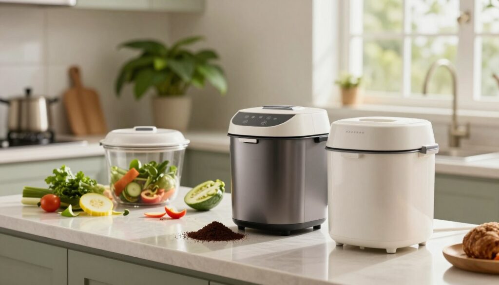 A sleek kitchen setting featuring various electric kitchen composters, arranged prominently on a polished countertop. The foreground showcases two top models of composters, highlighted with soft lighting that accentuates their modern design and user-friendly features. In the middle ground, fresh kitchen scraps like vegetable peels and coffee grounds are artistically placed beside the composters, symbolizing their purpose. The background includes a vibrant green houseplant, emphasizing sustainability. The scene is bright and airy, with natural light filtering through a window, creating a warm and inviting atmosphere. Use a shallow depth of field to focus on the composters and scraps, making them the centerpiece of the image while the kitchen exudes a clean and organized vibe.