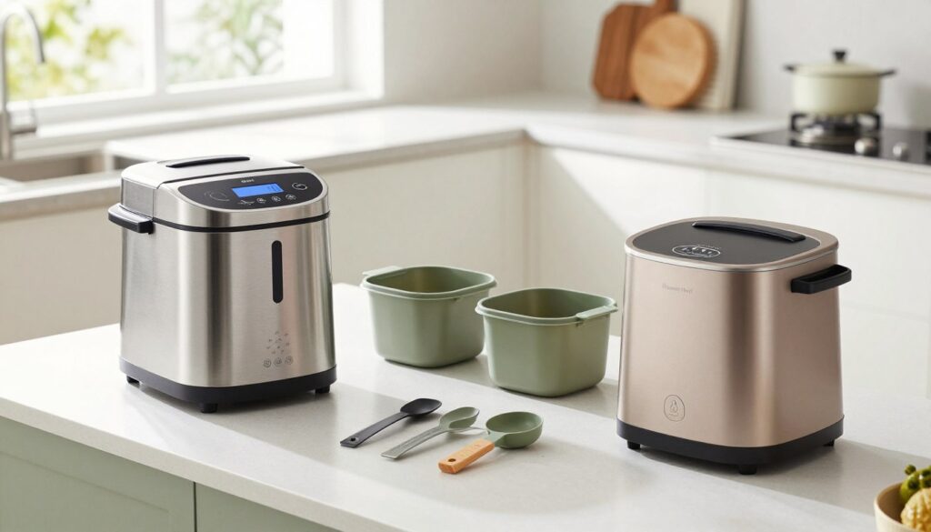 A well-lit kitchen countertop showcasing the latest electric kitchen composter models, arranged neatly to highlight their sleek designs. In the foreground, feature two prominent composters: one with a modern stainless steel finish and a user-friendly digital display, and another with a compact, eco-friendly plastic body in earthy tones. In the middle, display various accessories, such as compost bins and measuring tools, to indicate usability. The background consists of a bright, airy kitchen environment with natural light streaming in through a window, enhancing the freshness of the scene. The overall atmosphere is clean and inviting, conveying a sense of practicality and innovation in kitchen sustainability. The composition is shot with a slight overhead angle to capture all elements harmoniously, emphasizing the features of each composter without any text or distractions.